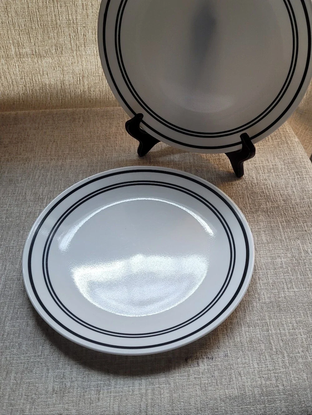 Corelle White Dinner Plate with Black Double Ring. Cafe Collection. 2 Qty